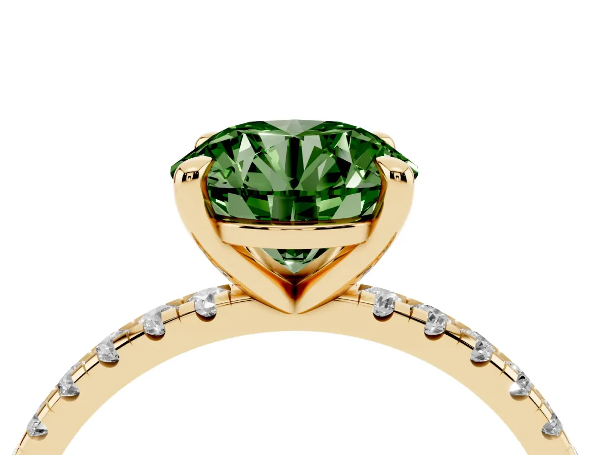 Fancy Green Round Cut Diamond Brilliant Solitaire Ring with Pavé Band and Four-Prong Setting Yellow gold