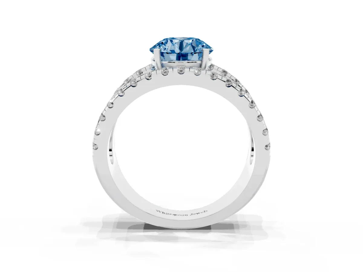 Fancy Blue Round Cut Solitaire Split Shank Pave Diamond Ring Platinum