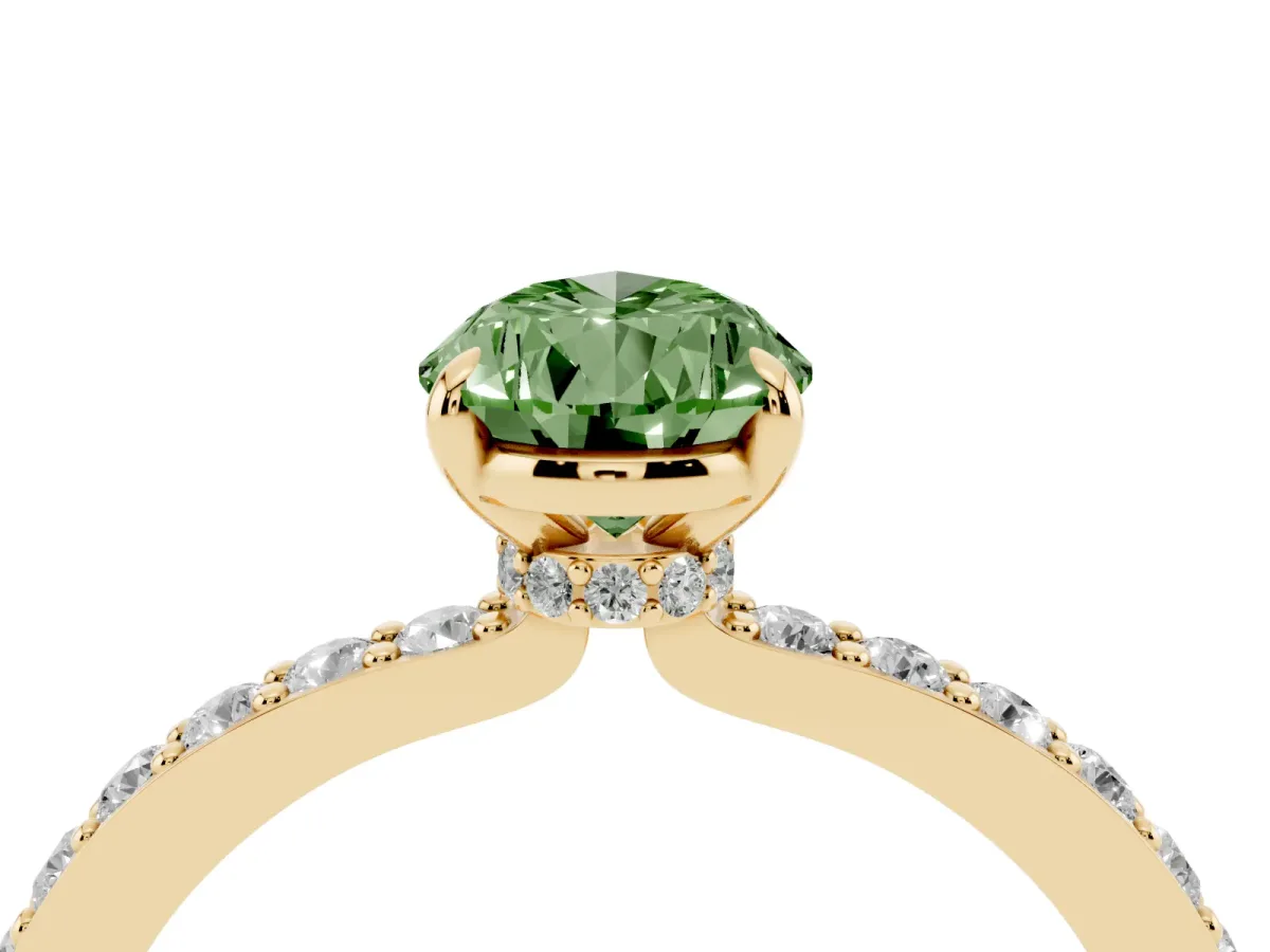 Fancy Green Pear Cut Diamond Pavé Engagement Ring with Round Accents and Prong Setting Yellow gold