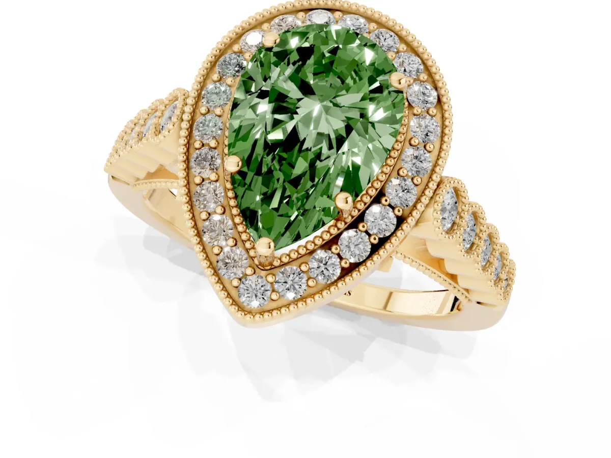 Fancy Green Pear Cut Halo Milgrain Solitaire with Bezel Set Side Stones and Pave Band Yellow gold