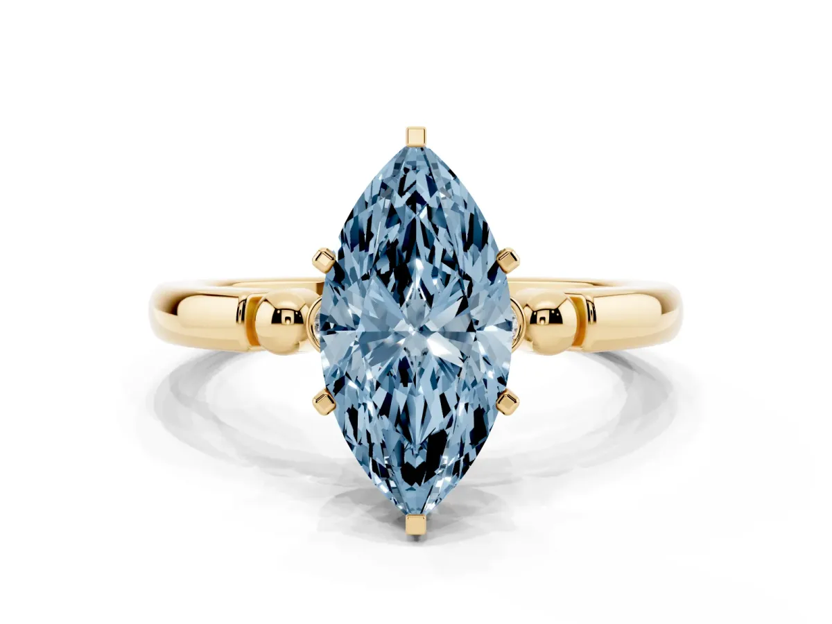 Fancy Blue Marquise Cut Solitaire Beaded Band with Four-Prong Setting Yellow gold