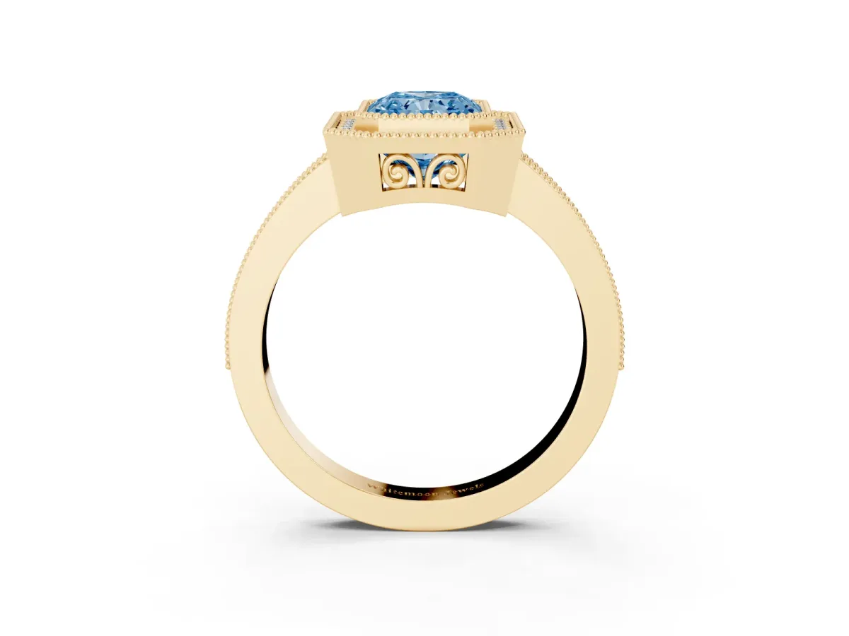 Fancy Blue Radiant Cut Cut Halo Diamond Ring with Pavé Band and Milgrain Prong Setting Yellow gold