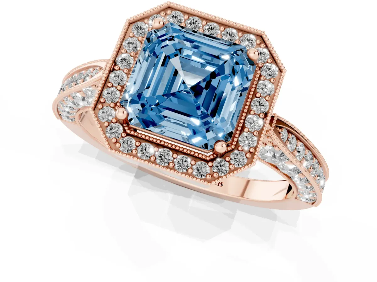 Fancy Blue Asscher Cut Halo Diamond Engagement Ring with Split Shank Band and Four-Prong Setting Rose gold