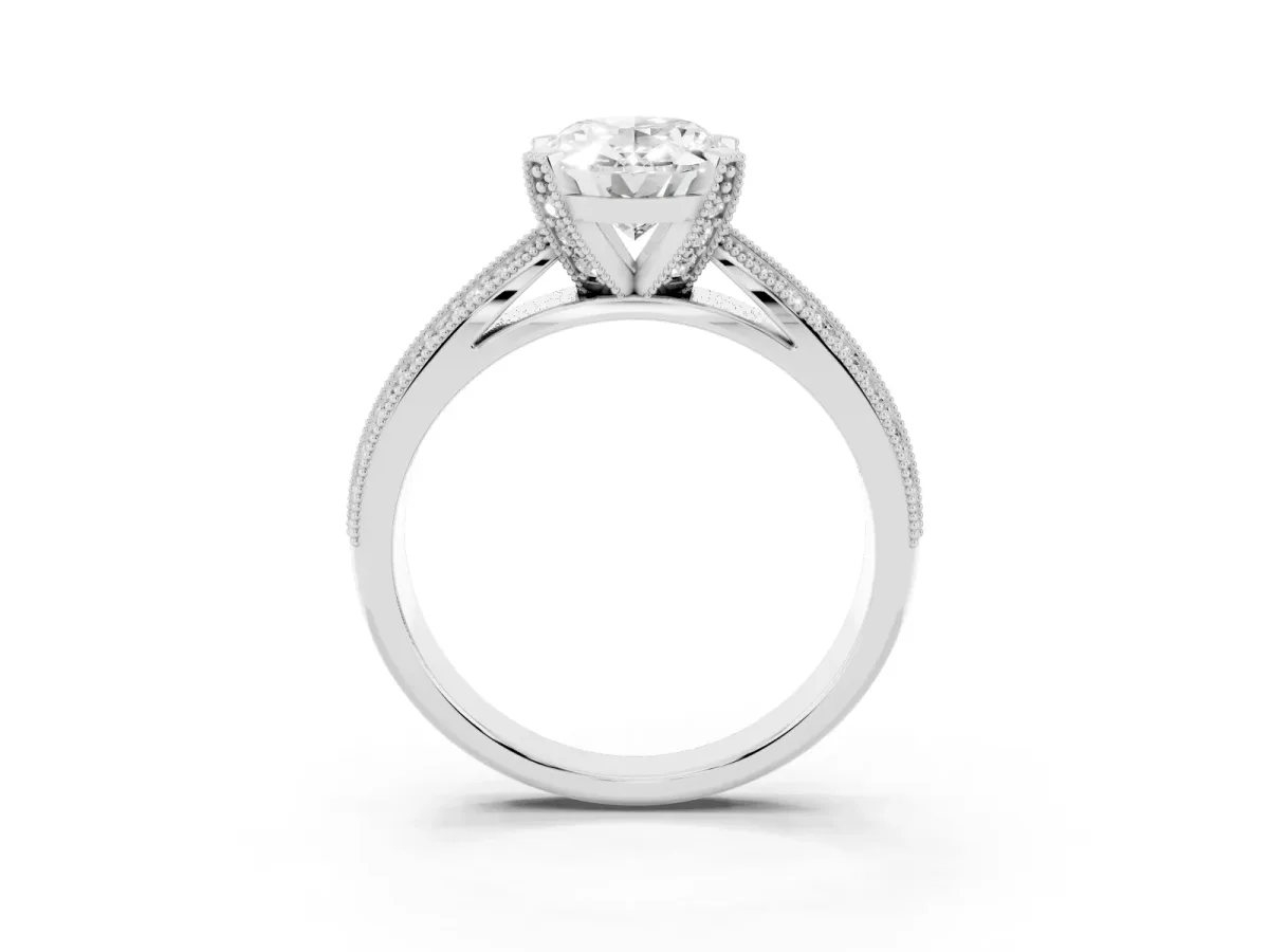 Oval Cut Diamond Solitaire Ring with Milgrain Round Pavé Band and Prong Setting Platinum