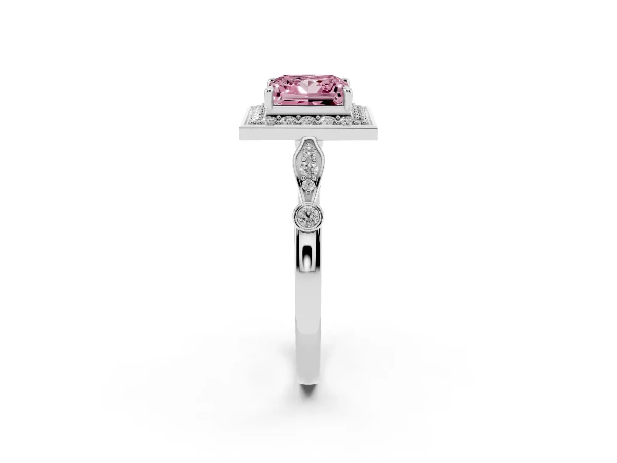 Fancy Pink Princess Cut Halo Diamond Engagement Ring with Twisted Band and Four-Prong Setting Platinum