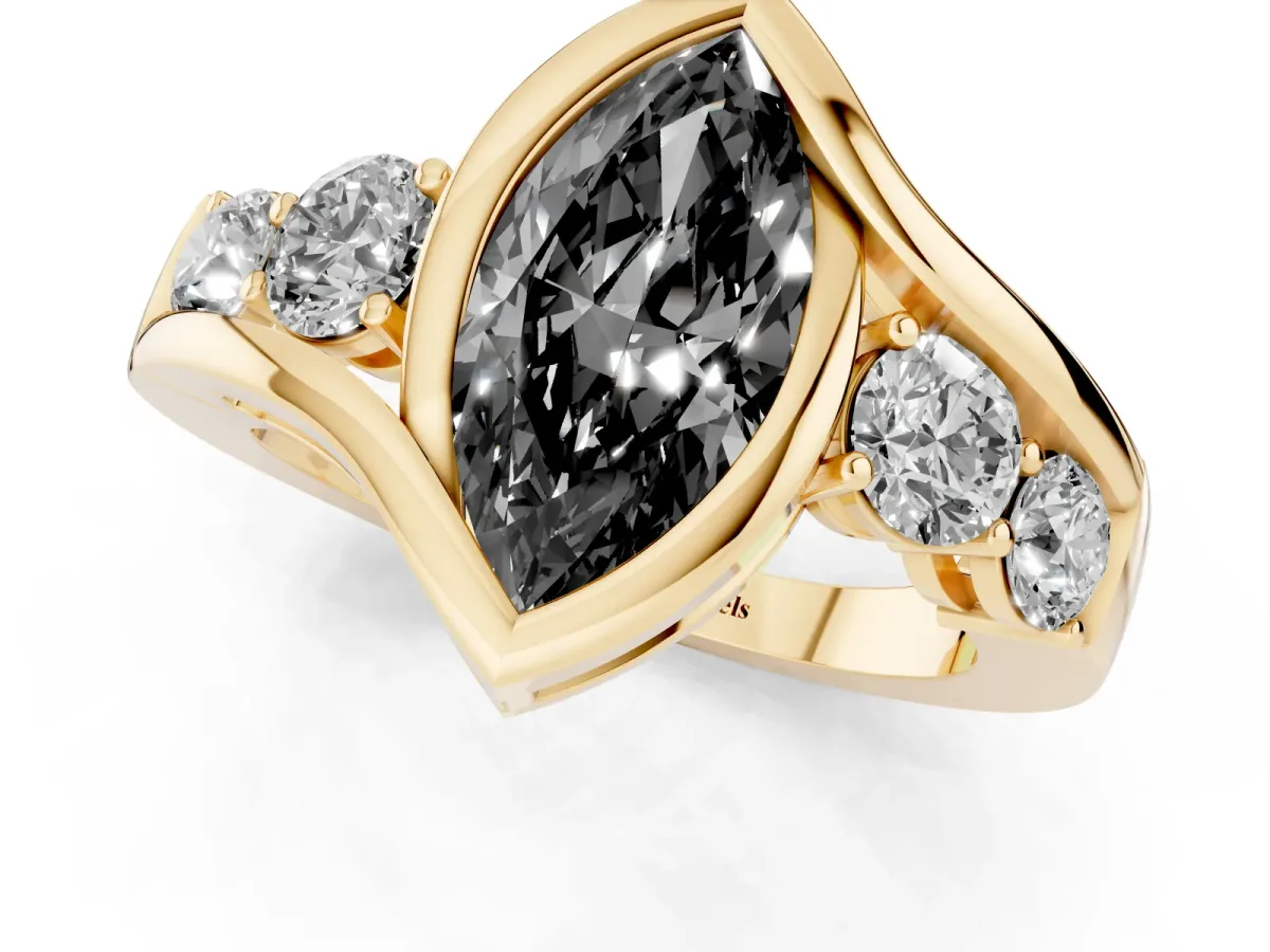 Fancy Black Bezel Set Marquise Cut Diamond Bypass Ring with Round Accents Yellow gold