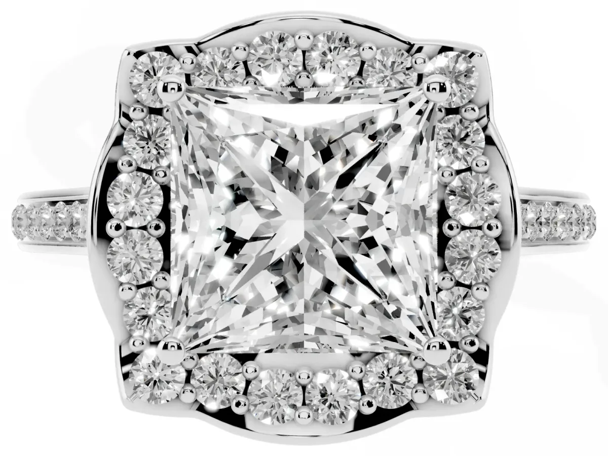 Princess Cut Halo Round Diamond Pave Band with Four-Prong Setting White gold