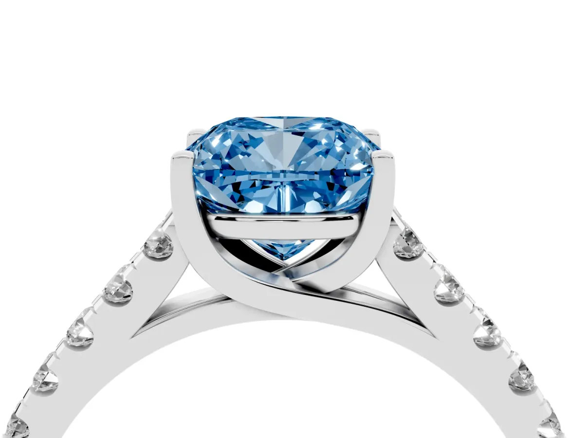 Fancy Blue Cushion Cut Diamond Pavé Band Solitaire Ring with Prong Setting Platinum