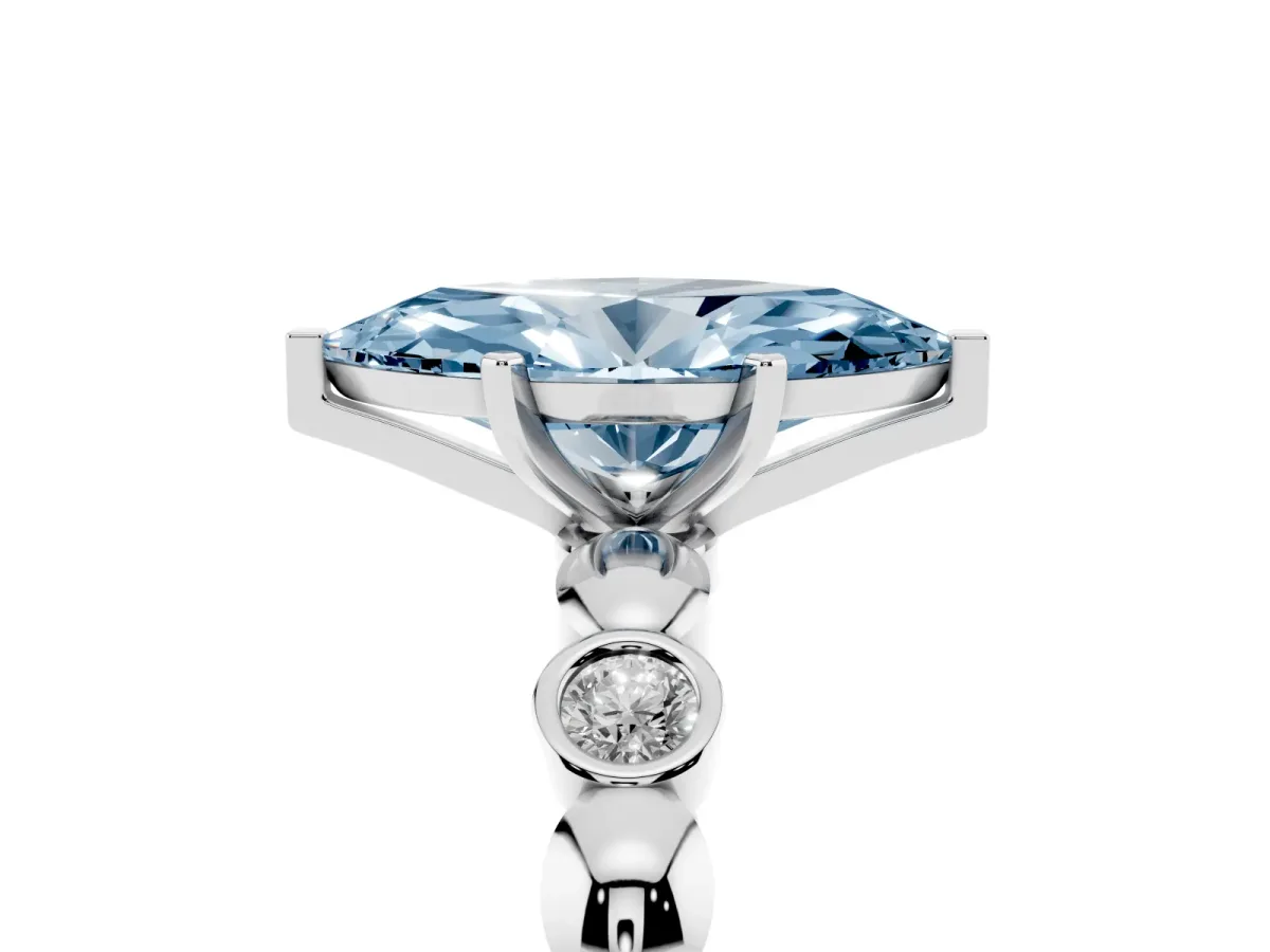 Fancy Blue Marquise Cut Solitaire Bezel-Set Diamond Ring with Beaded Band and Four-Prong Setting Silver