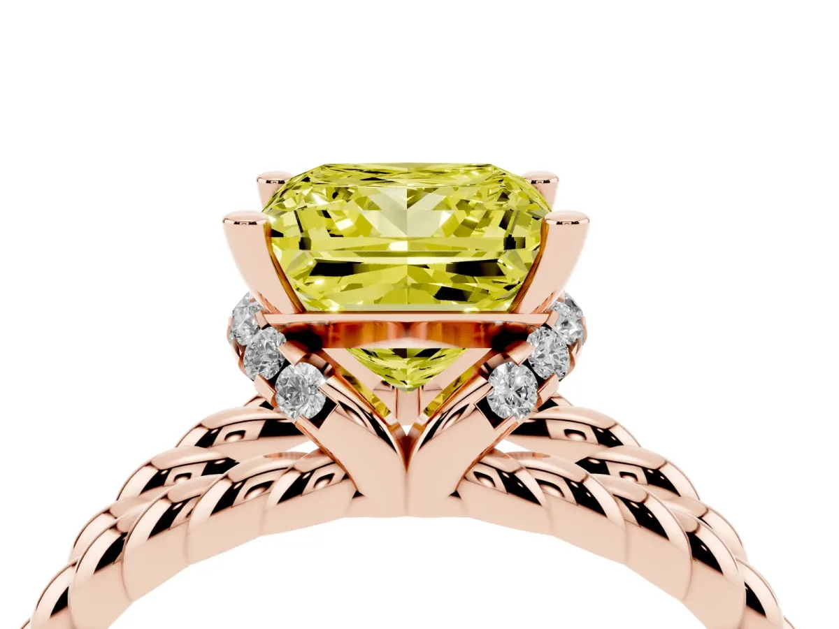 Fancy Yellow Princess Cut Halo Twisted Band Four-Prong Ring Rose gold