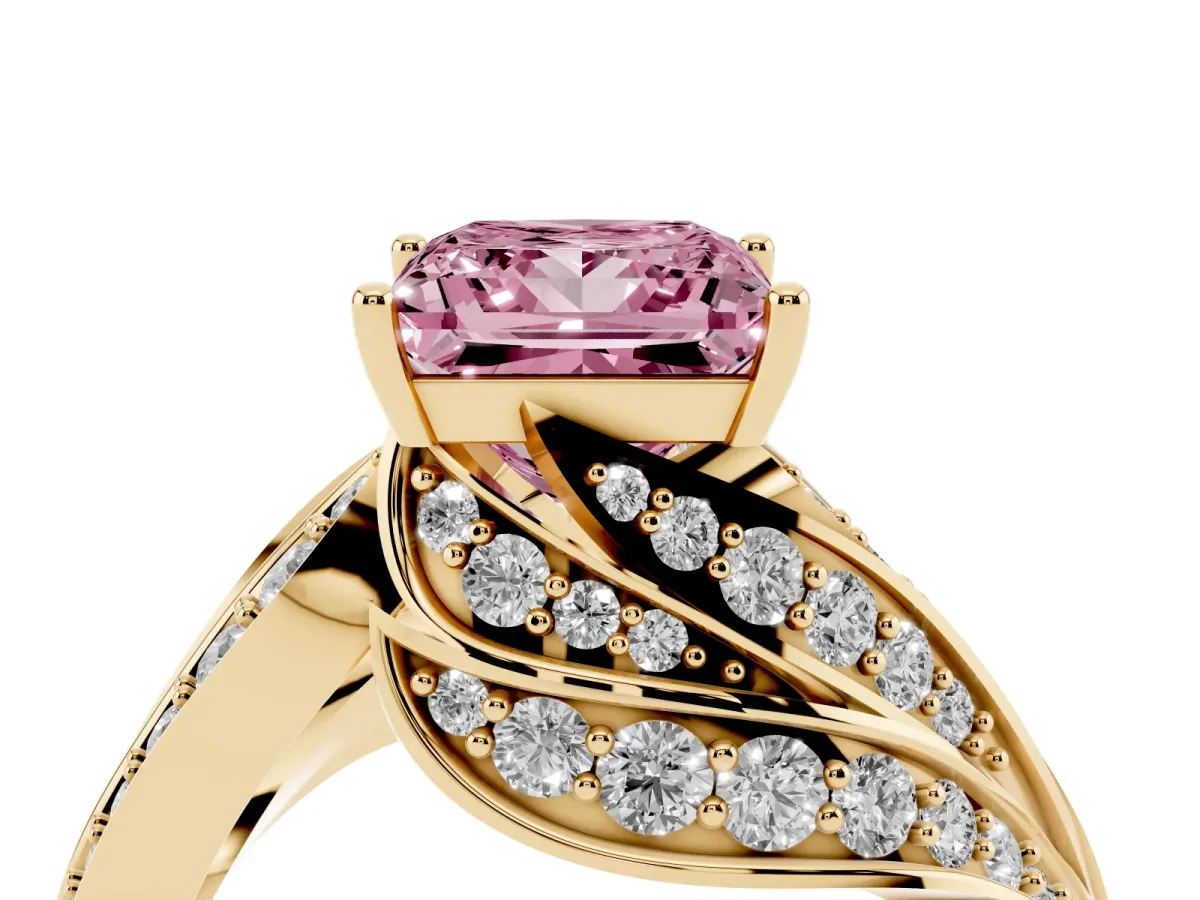 Fancy Pink Princess Cut Diamond Solitaire Ring with Prong Setting and Twisted Pavé Band Yellow gold