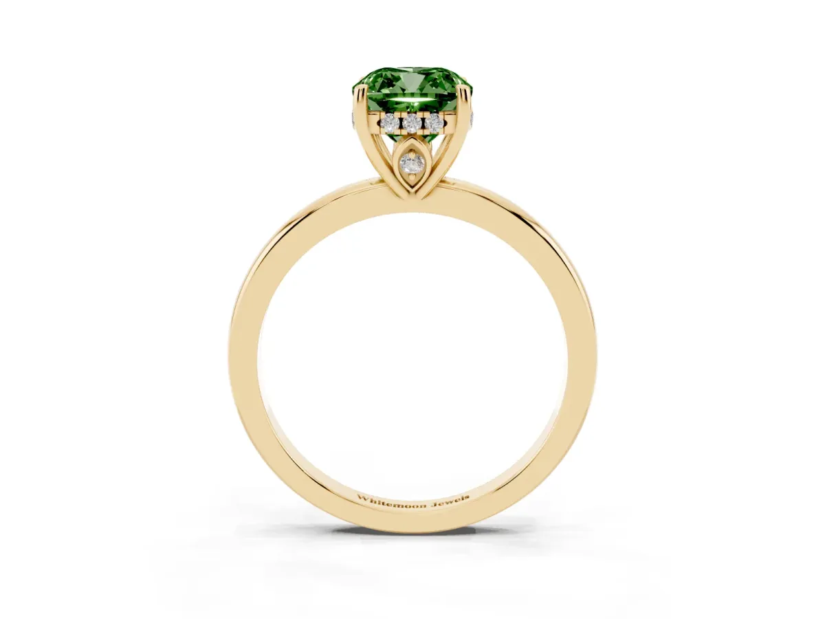 Fancy Green Cushion Cut Solitaire Diamond Ring with Prong Setting and Plain Band Yellow gold