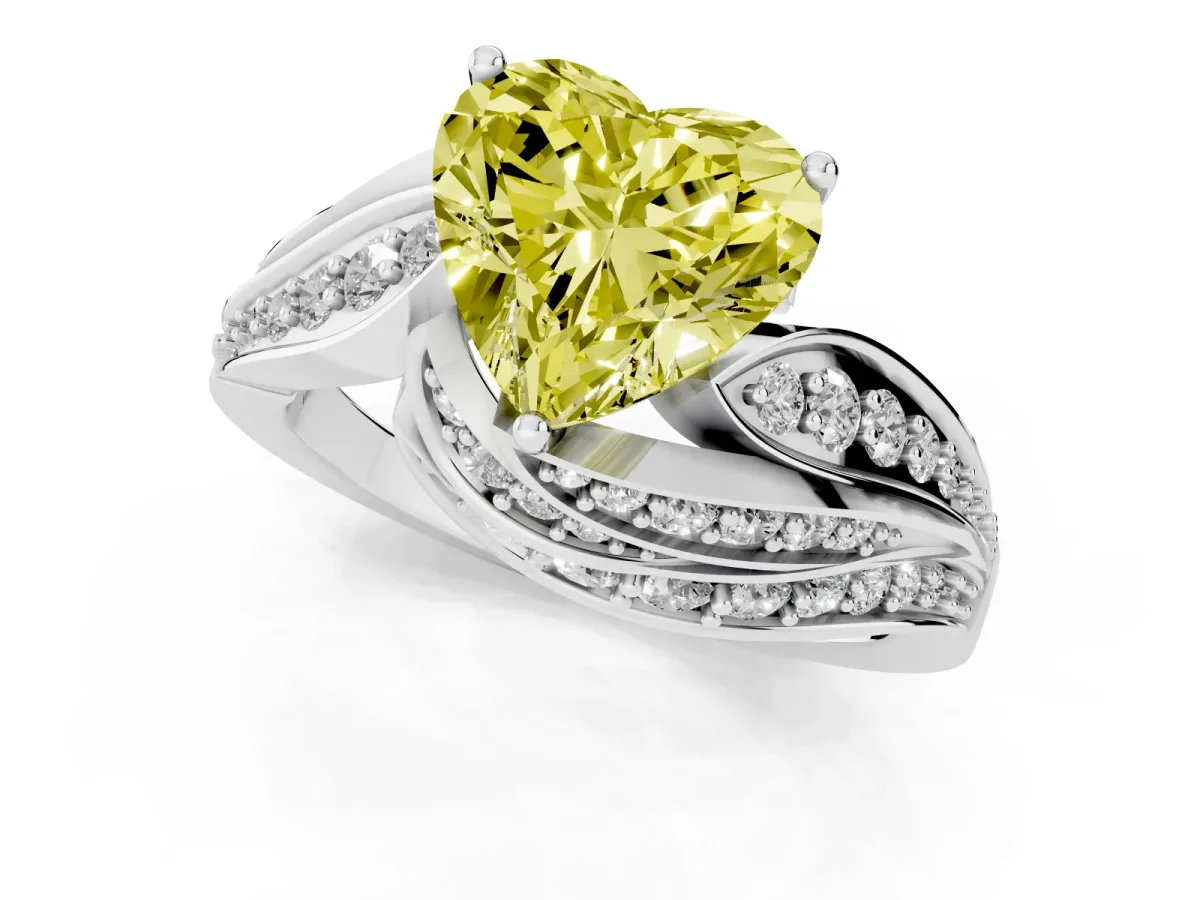 Fancy Yellow Heart Cut Diamond Solitaire Ring with Prong Setting and Twisted Pavé Band White gold