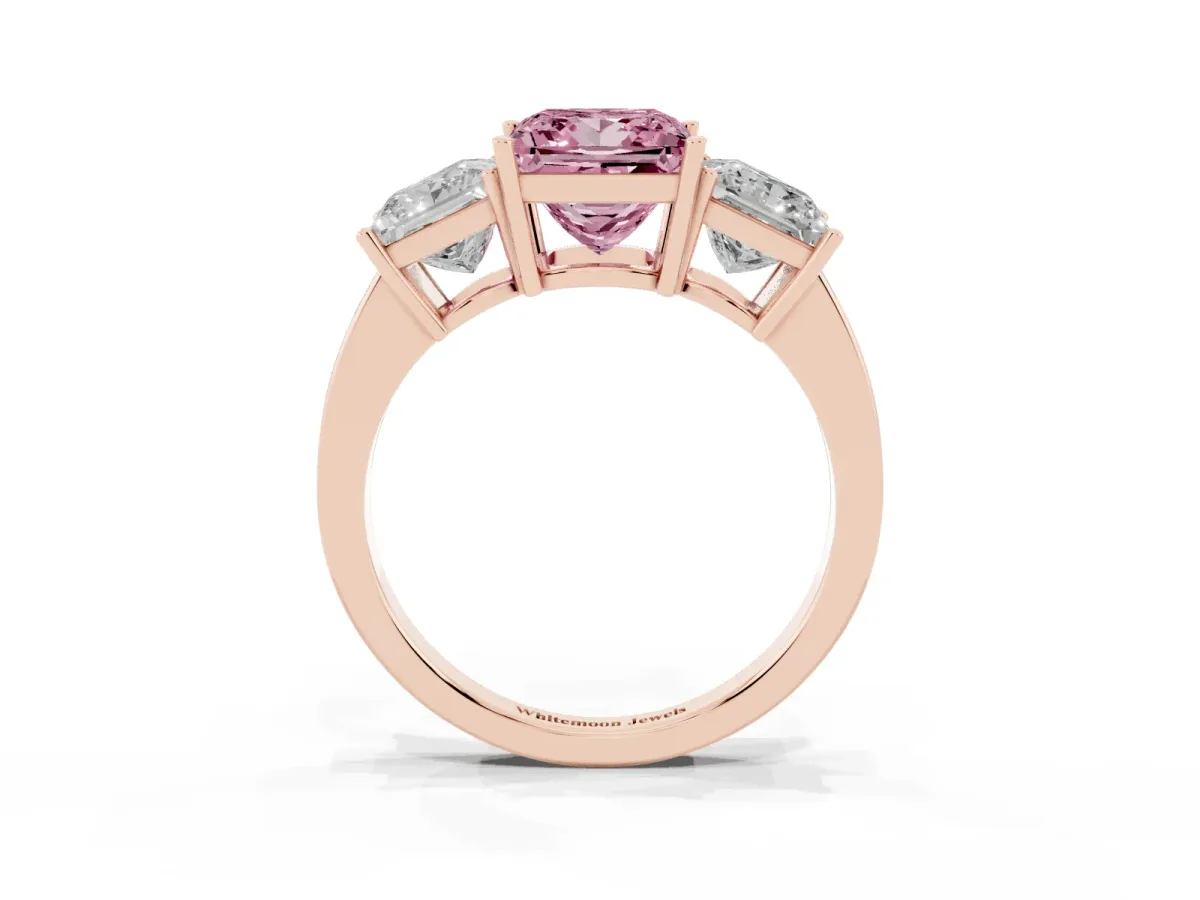 Fancy Pink Three-Stone Princess Cut Cut Diamond Engagement Ring with Flat Band and Four-Prong Setting Rose gold