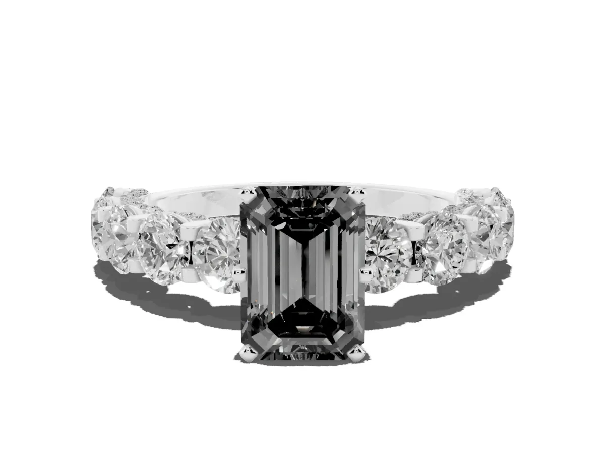 Fancy Black Emerald Cut Diamond Side Stone Engagement Ring with Four-Prong Setting Platinum