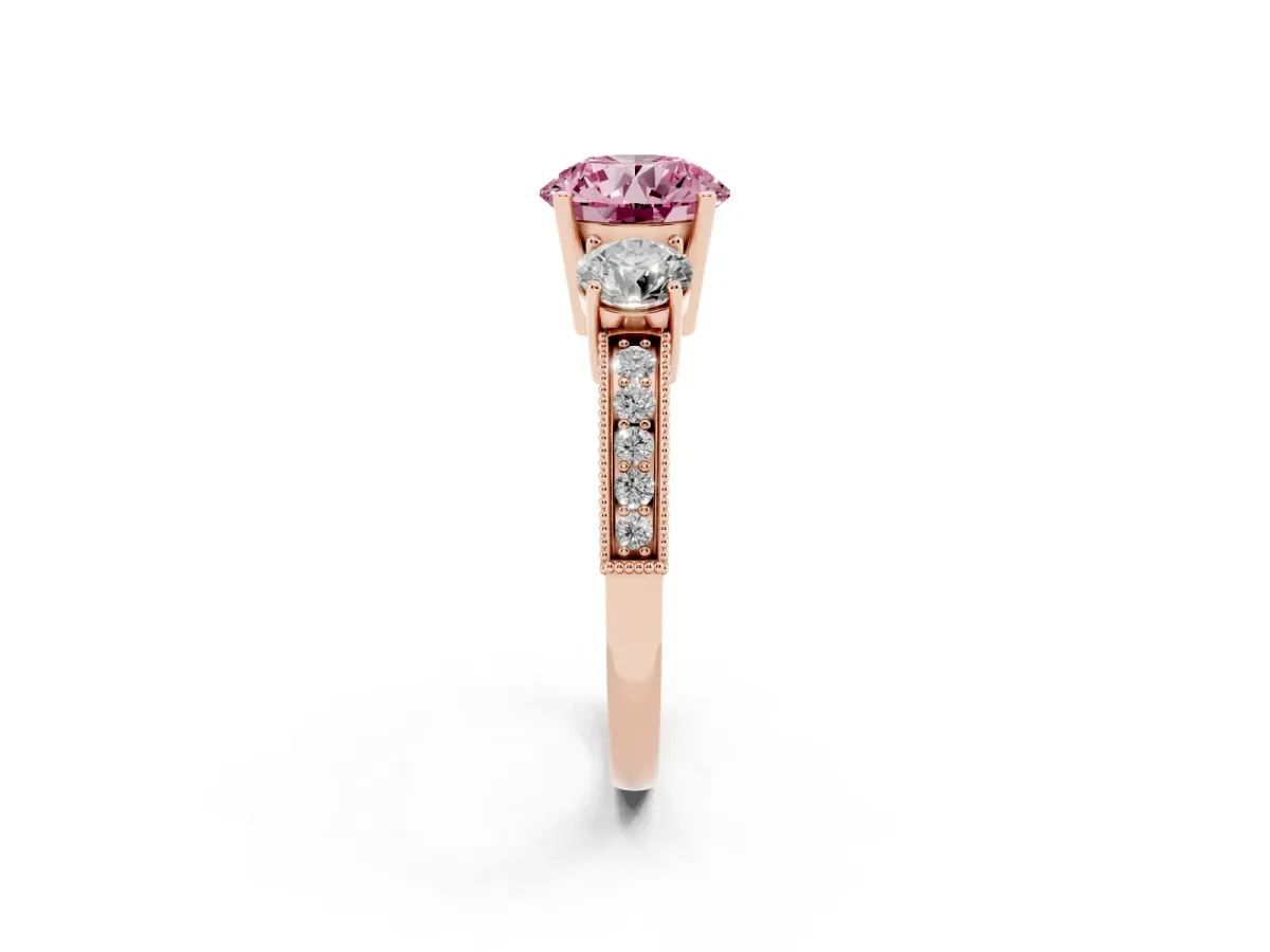 Fancy Pink Round Cut Three-Stone Diamond Ring with Pavé Band and Four-Prong Setting Rose gold
