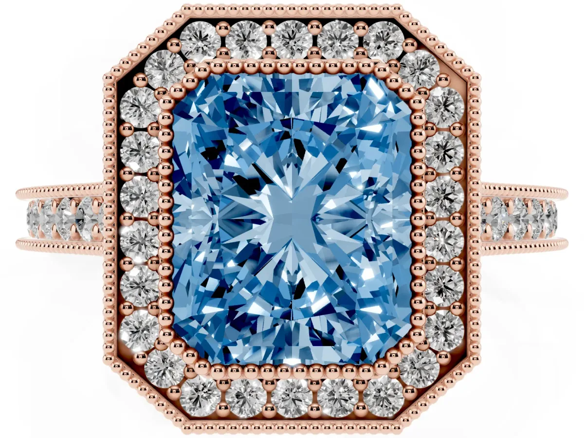 Fancy Blue Halo Radiant Cut-Cut Diamond Pave Band Milgrain Prong Setting Ring Rose gold