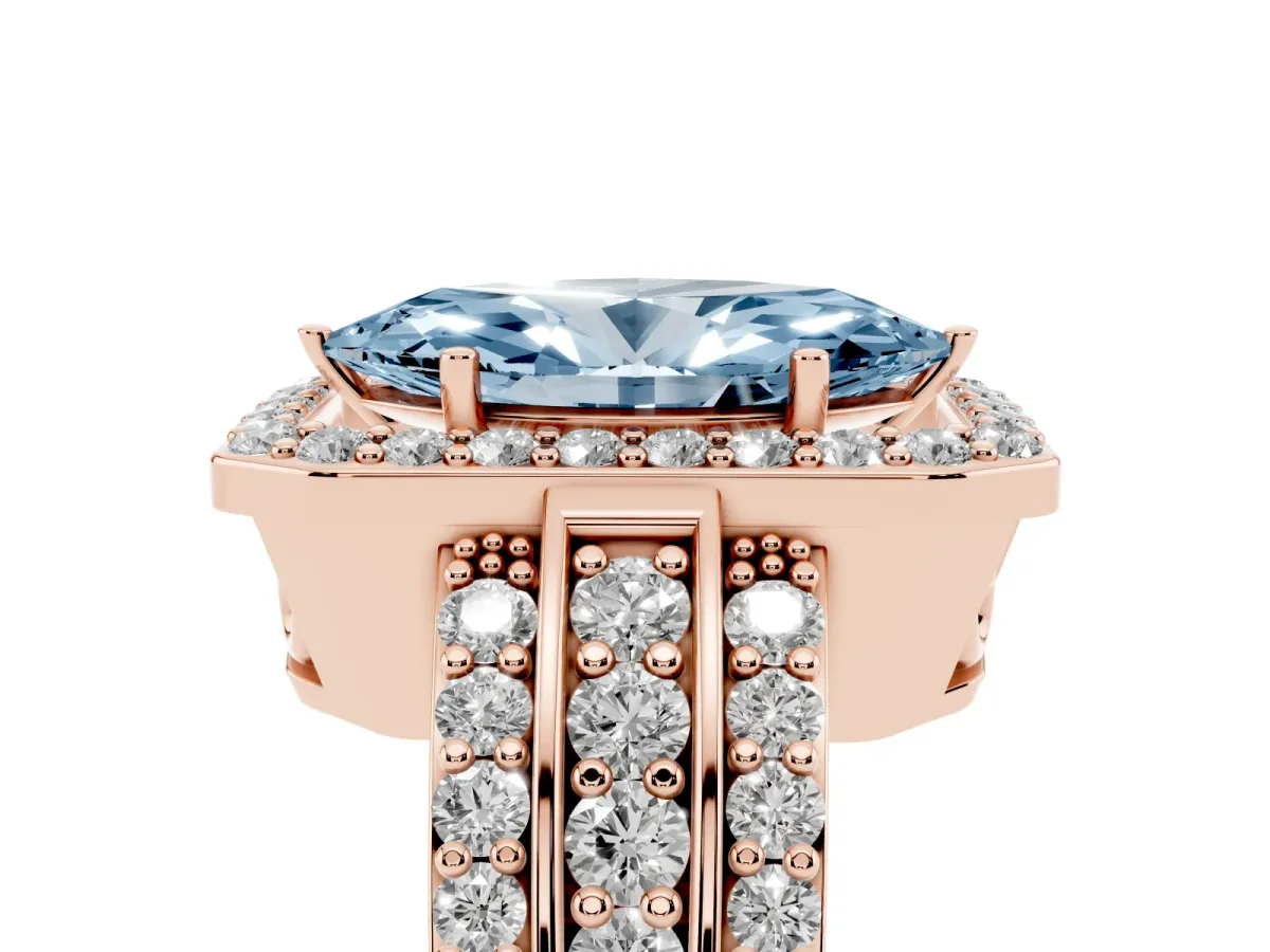 Fancy Blue Marquise Cut Halo Diamond Ring with Round Split Shank and Prong Setting Rose gold