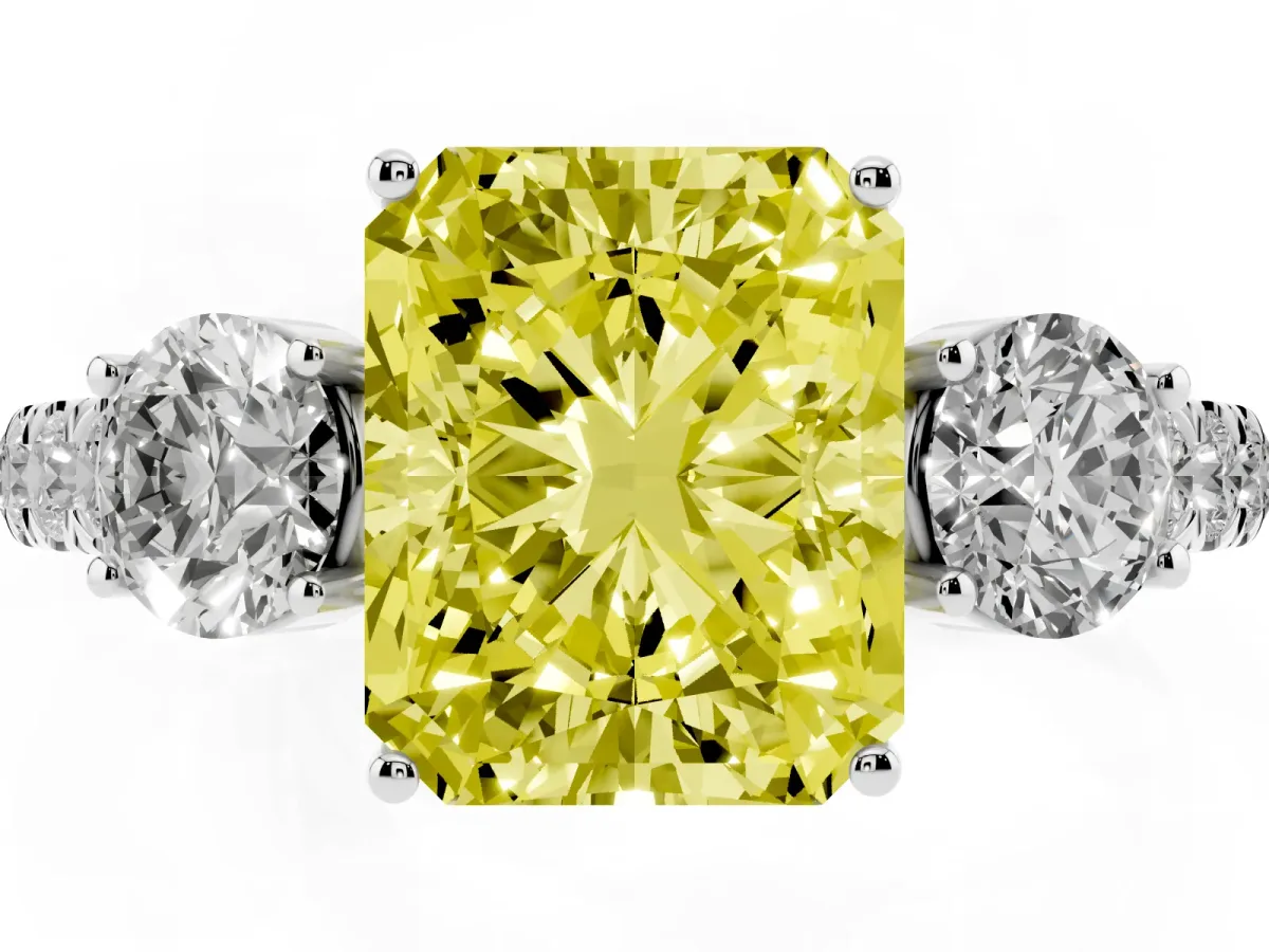 Fancy Yellow Radiant Cut Cut Diamond Three-Stone Ring with Round Side Stones and Pavé Band Silver