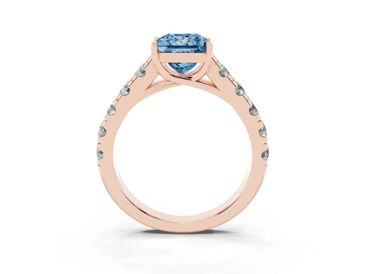 Fancy Blue Princess Cut Cut Diamond Solitaire Ring with Micro Pave Band and Prong Setting Rose gold
