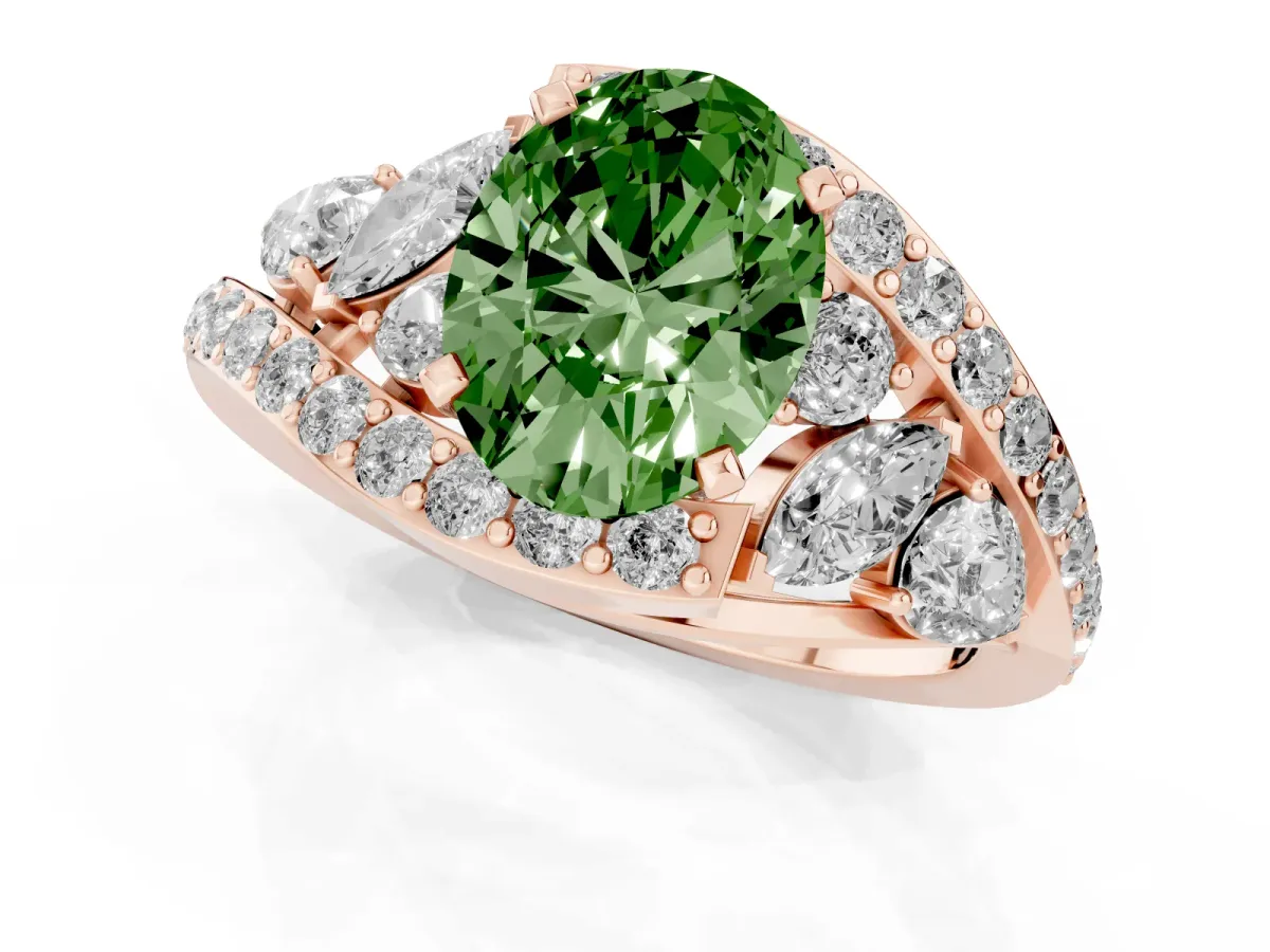 Fancy Green Oval Cut Diamond Halo Ring with Marquise and Pavé Band in Prong Setting Rose gold