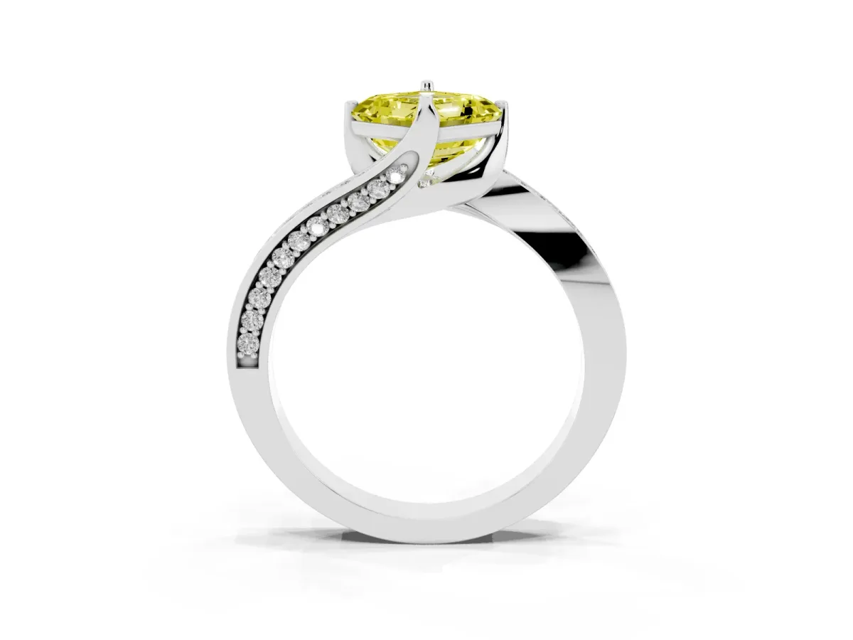 Fancy Yellow Asscher Cut Solitaire Diamond Twist Band with Pavé Setting and Four-Prong Setting Silver
