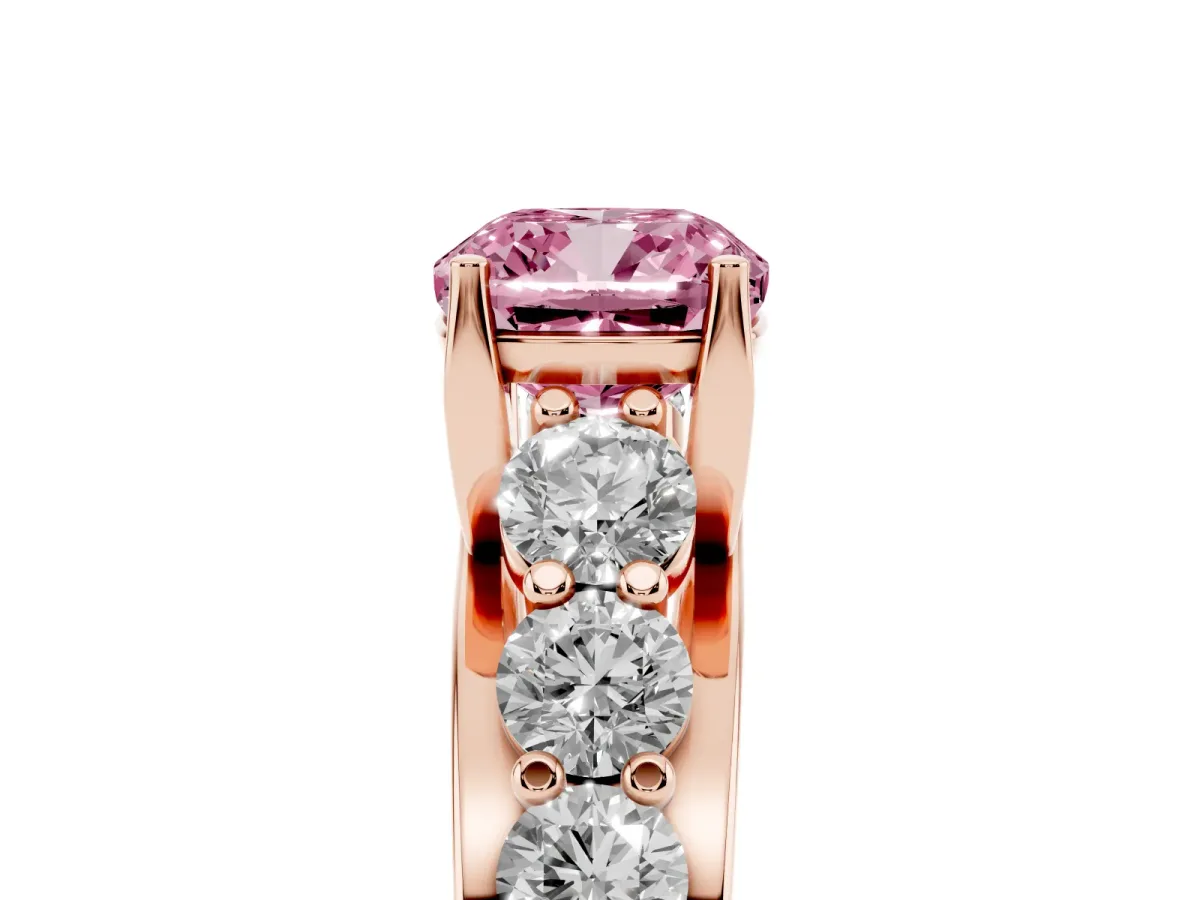 Fancy Pink Cushion Cut Diamond Engagement Ring with Pavé Band and Four-Prong Setting Rose gold