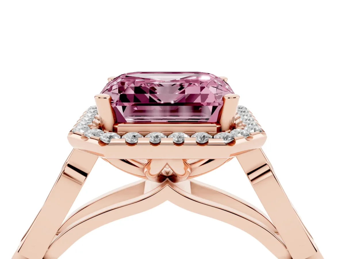 Fancy Pink Asscher Cut Halo Diamond Engagement Ring with Filigree Band and Four-Prong Setting Rose gold