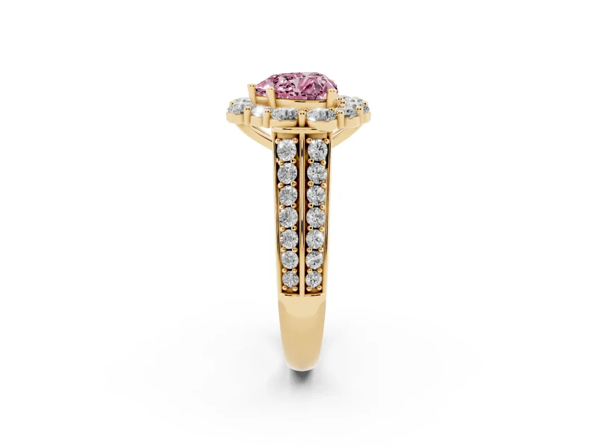 Fancy Pink Heart Cut Halo Diamond Engagement Ring with Split Shank and Prong Setting Yellow gold