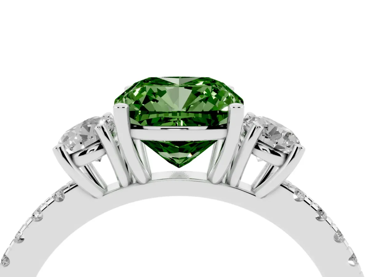 Fancy Green Three-Stone Cushion Cut Cut Diamond Pavé Band with Prong Setting Platinum