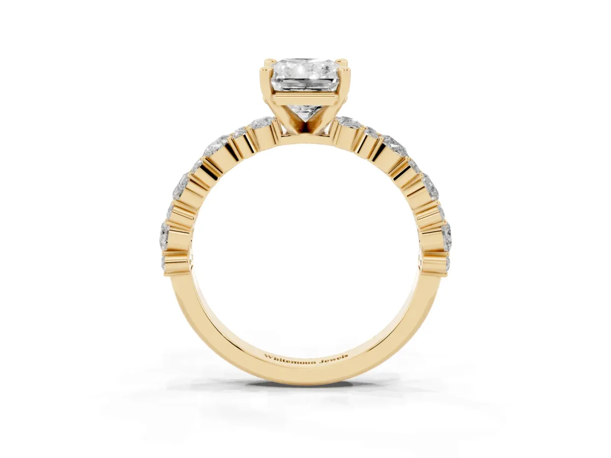 Radiant Cut Diamond Side Stone Solitaire Ring with Round and Four-Prong Setting Yellow gold