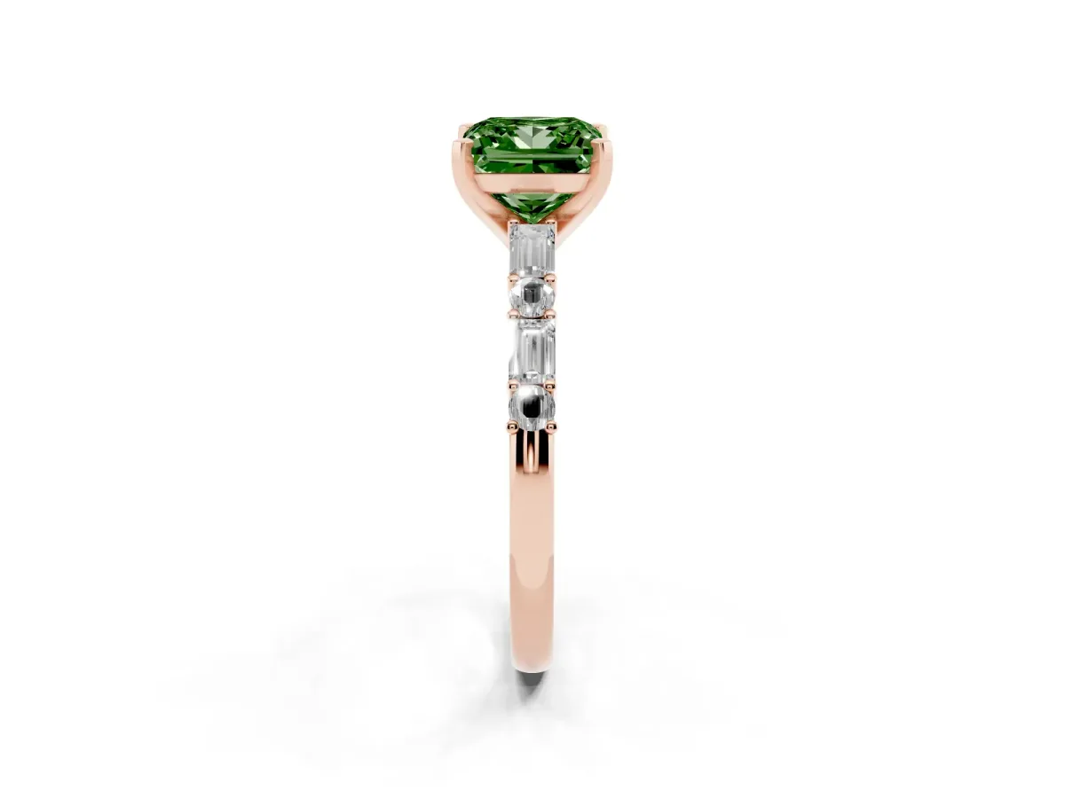 Fancy Green Princess Cut Diamond Solitaire with Side Baguettes and Channel Set Band Rose gold