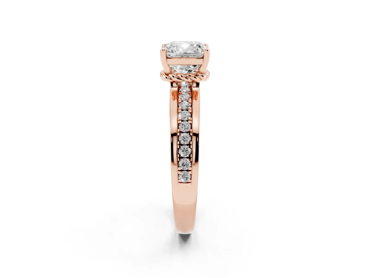 Cushion Cut Solitaire Diamond Ring with Channel Set Band and Six-Prong Setting Rose gold
