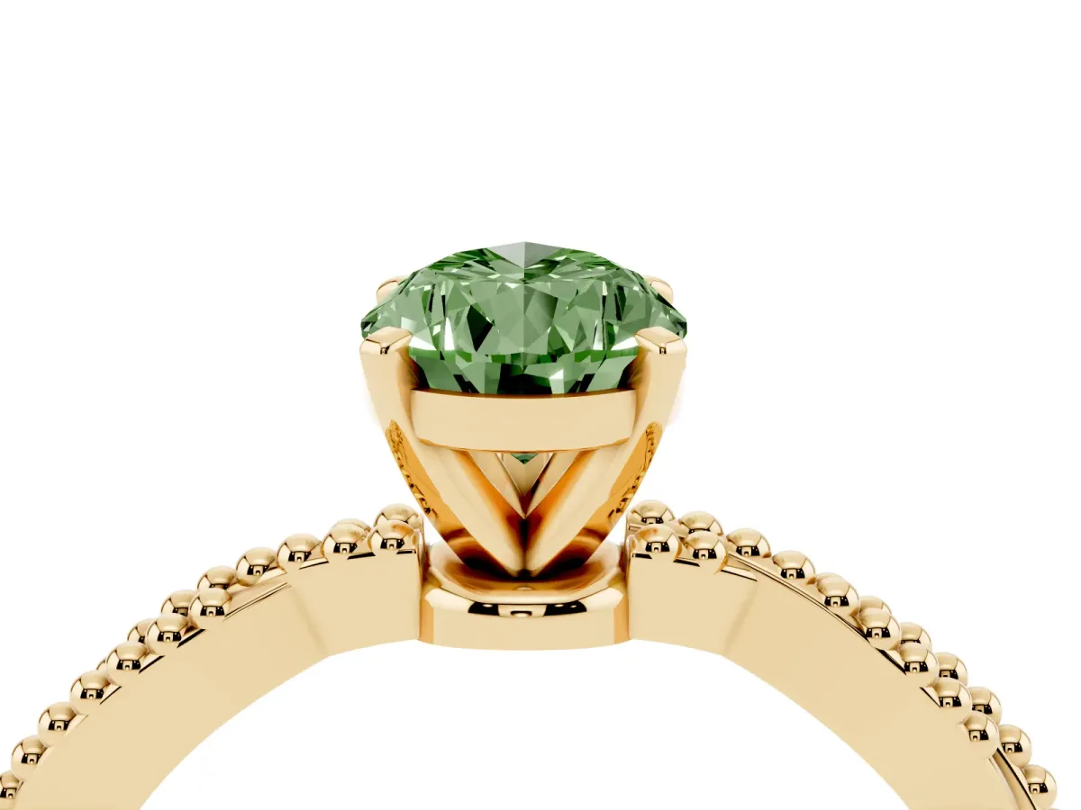 Fancy Green Pear Cut Solitaire Twisted Band with Bead Prong Setting Yellow gold