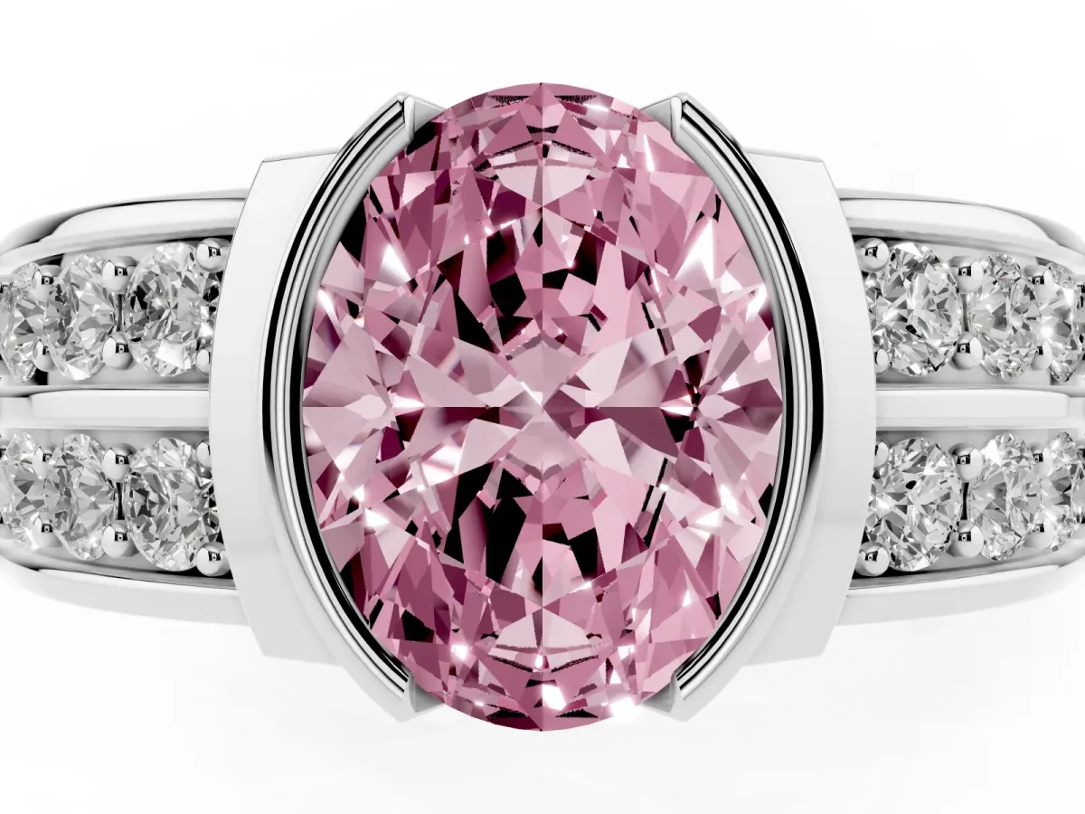 Fancy Pink Oval Cut Brilliant Diamond Channel Set Wide Band Ring with Bezel Setting Silver