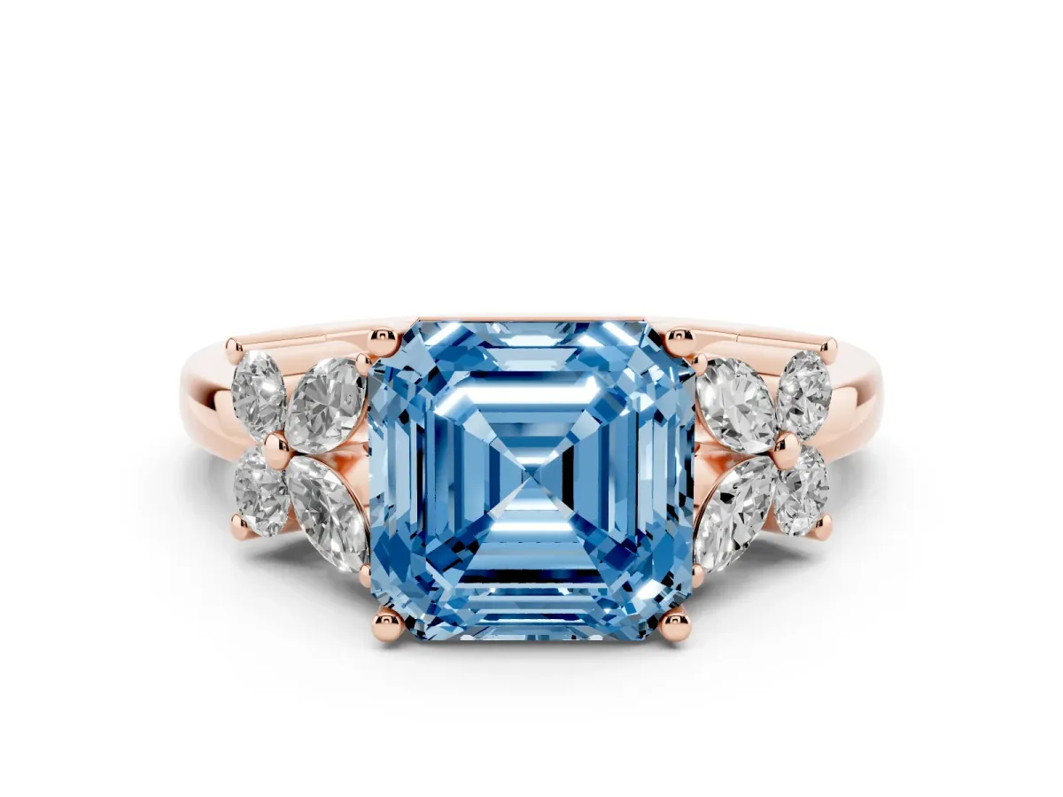 Fancy Blue Asscher Cut Diamond Floral Cluster Ring with Solitaire Band and Prong Setting Rose gold