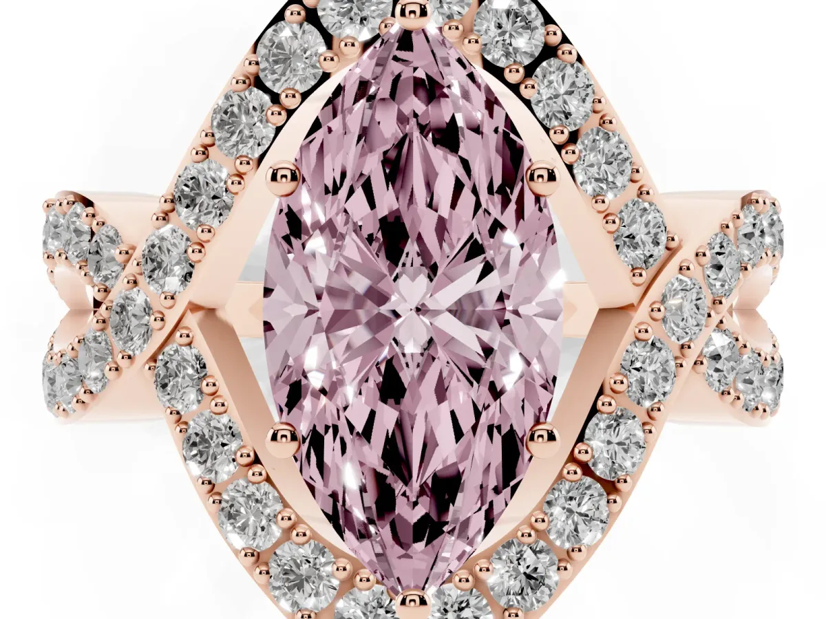 Fancy Pink Marquise Cut Solitaire Twist Band Pavé Diamond Engagement Ring Rose gold