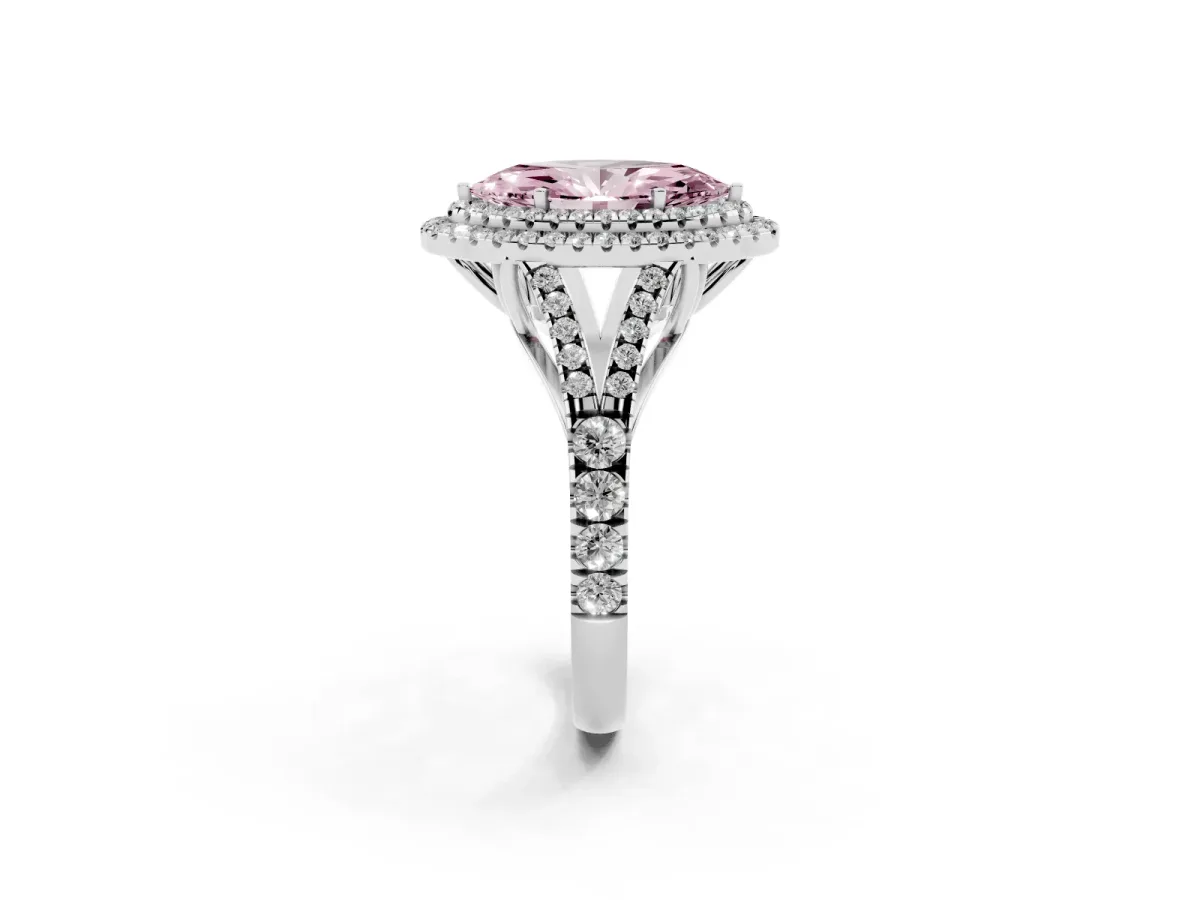 Fancy Pink Marquise Cut Diamond Pavé Split Shank Double Halo Engagement Ring Silver
