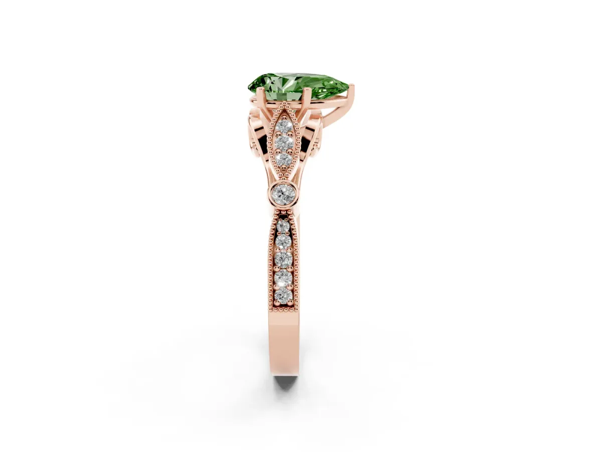 Fancy Green Pear Cut Cut Diamond with Milgrain Marquise and Bezel Accents on a Solitaire Band with Prong Setting Rose gold