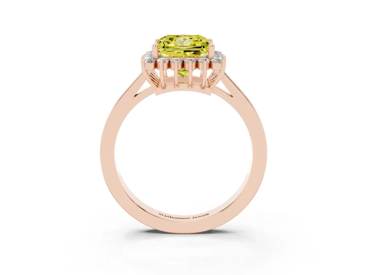 Fancy Yellow Princess Cut Cut Diamond Halo Ring with Round Brilliant Halo and Solitaire Band Rose gold