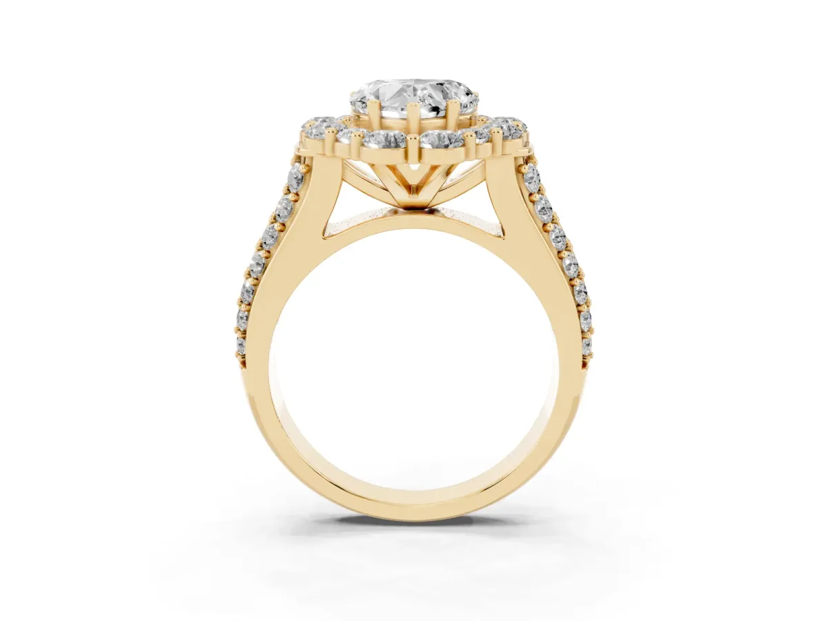 Heart Cut Halo Diamond Engagement Ring with Split Shank and Prong Setting Yellow gold