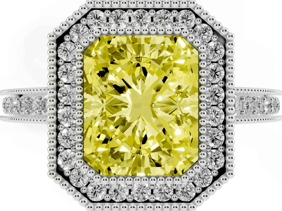 Fancy Yellow Radiant Cut Cut Halo Diamond Ring with Pavé Band and Milgrain Prong Setting Platinum