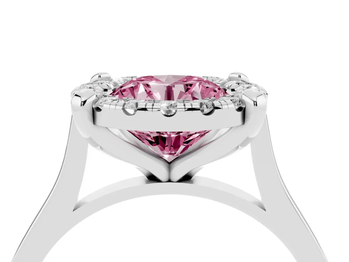Fancy Pink Round Cut Diamond Cluster Halo Solitaire with Four-Prong Setting Platinum