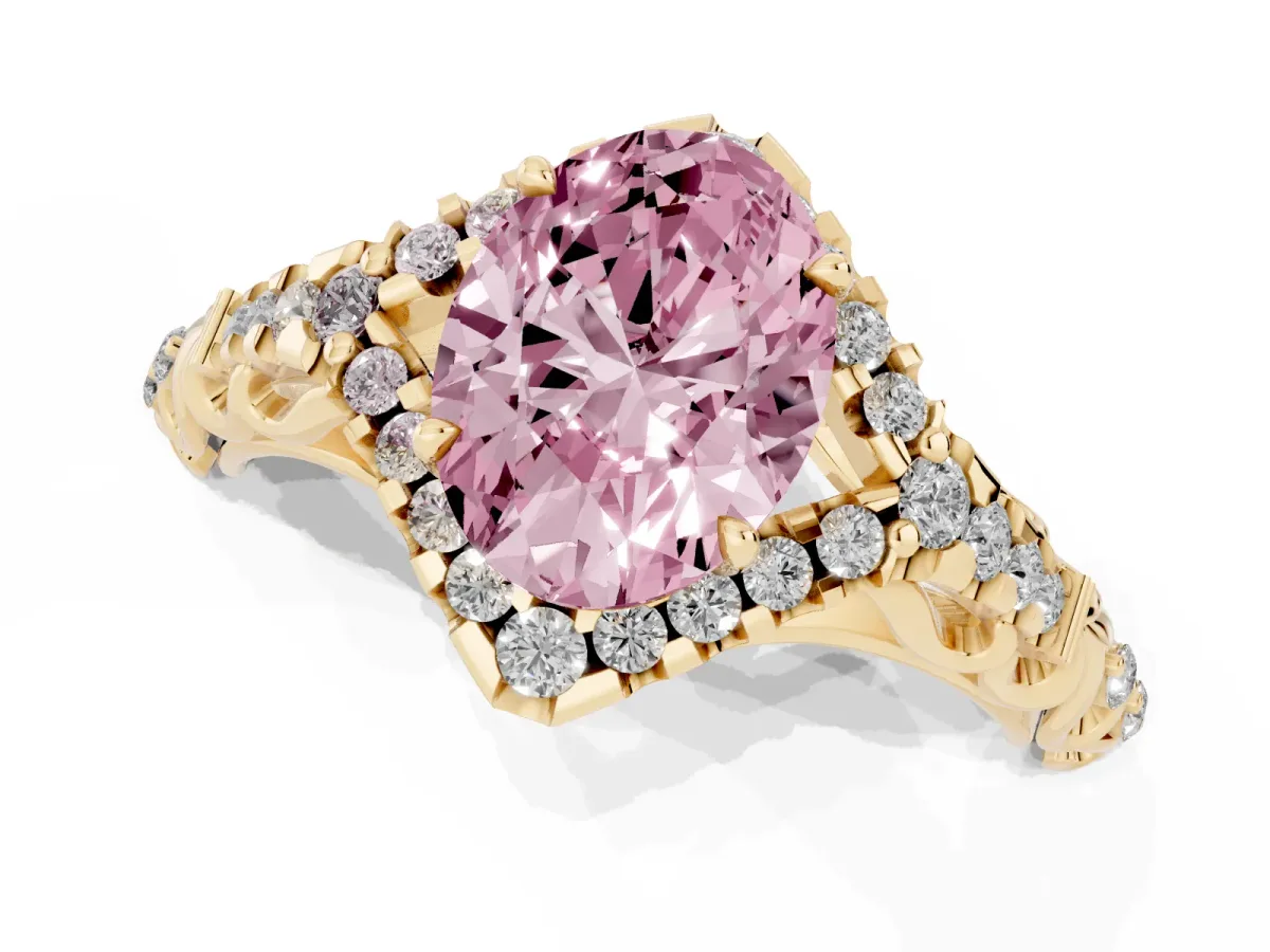 Fancy Pink Oval Cut Diamond Solitaire Ring with Hidden Halo and Pavé Band Yellow gold