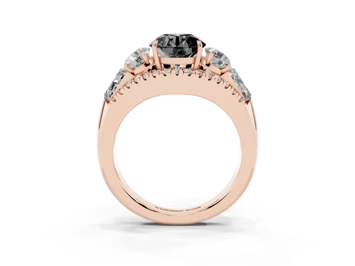 Fancy Black Three-Stone Round Cut Diamond Engagement Ring with Pave Band and Prong Setting Rose gold