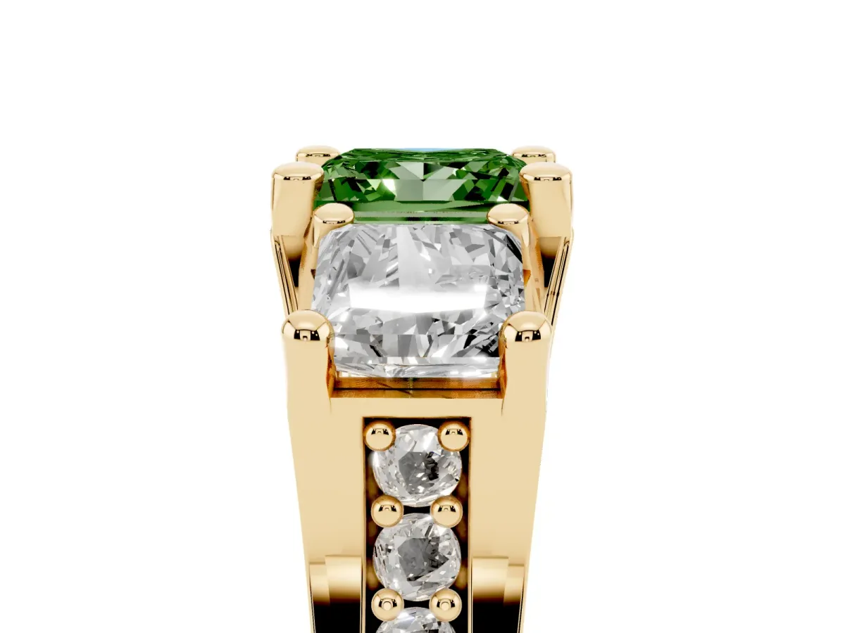 Fancy Green Princess Cut Diamond Three-Stone Ring with Channel Set Band and Four-Prong Setting Yellow gold