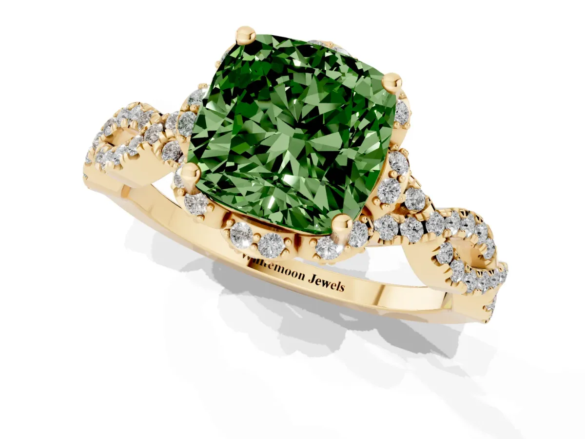 Fancy Green Cushion Cut Halo Twist Band Solitaire Ring with Six-Prong Setting Yellow gold