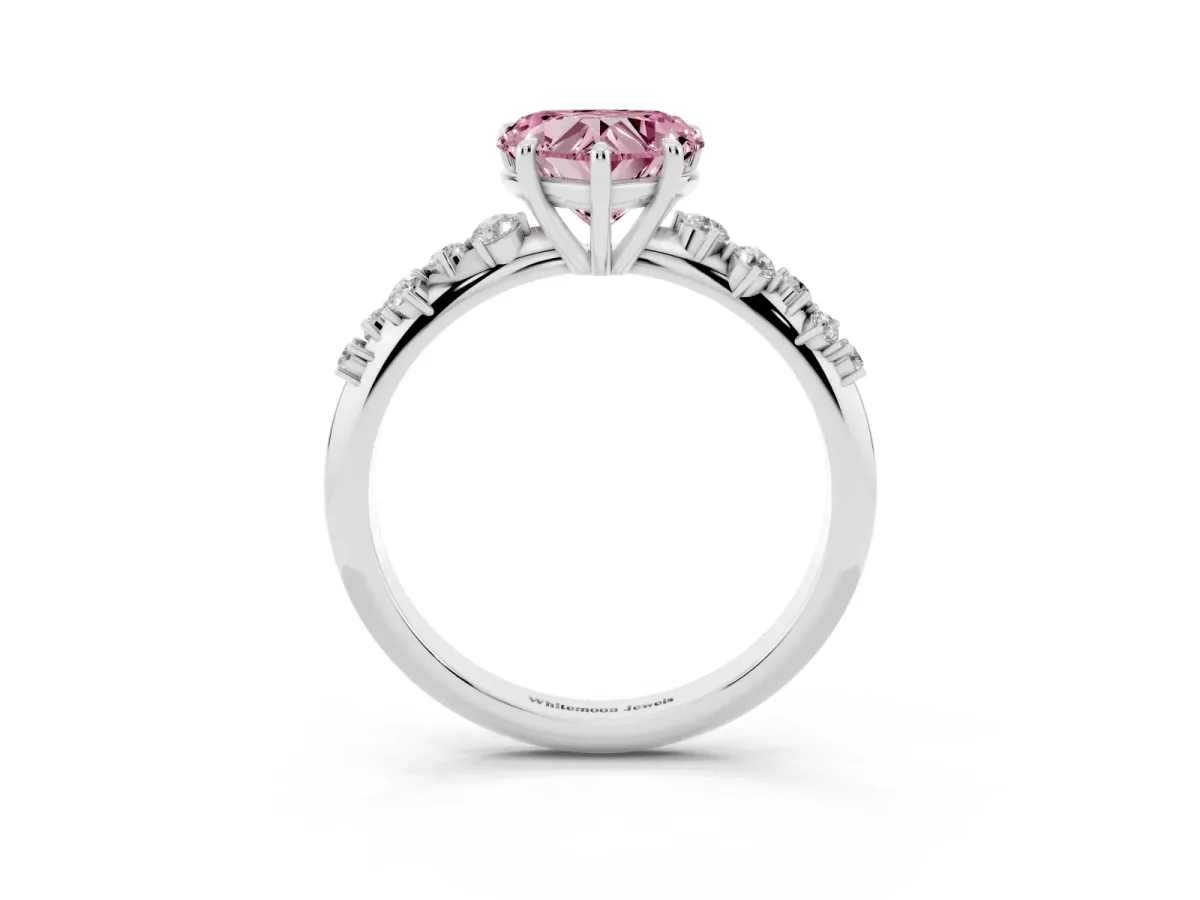 Fancy Pink Heart Cut Diamond Cluster Side Stone Solitaire Ring with Prong Setting Silver