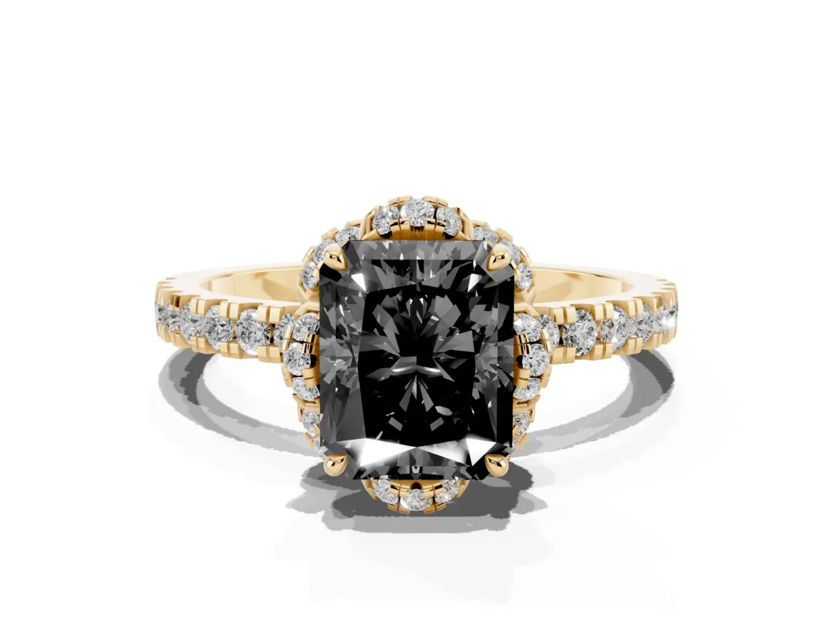 Fancy Black Radiant Cut Diamond Halo Pave Band with Four-Prong Setting Yellow gold