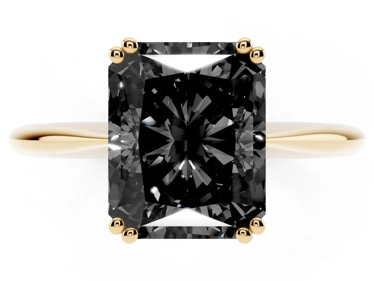 Fancy Black Radiant Cut Solitaire Diamond Ring with Six-Prong Setting and Classic Band Yellow gold